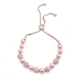 Charter Club Pave Imitation Pearl Slider Bracelet Pink Gold Tone Adjustable